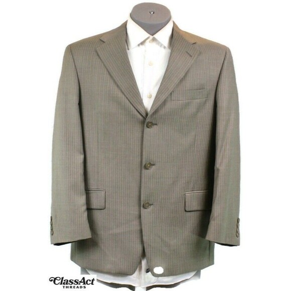 Austin Reed Mens 2 Piece Suit Tan Striped 3 Btn Wool 40R Pleated Fronts 34" W - Picture 3 of 10